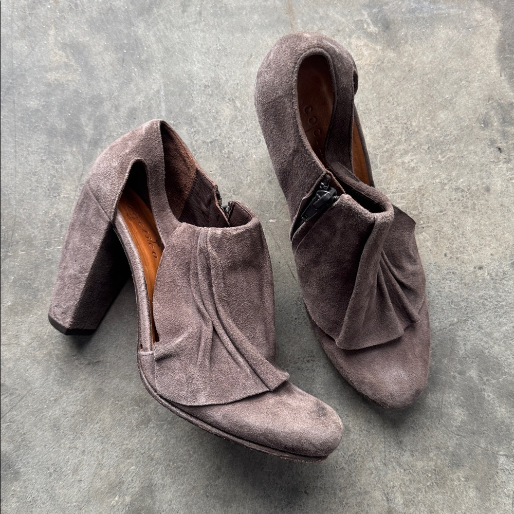 Coclico 38 Brown Grey Suede Draped Ankle Strap Bootie
